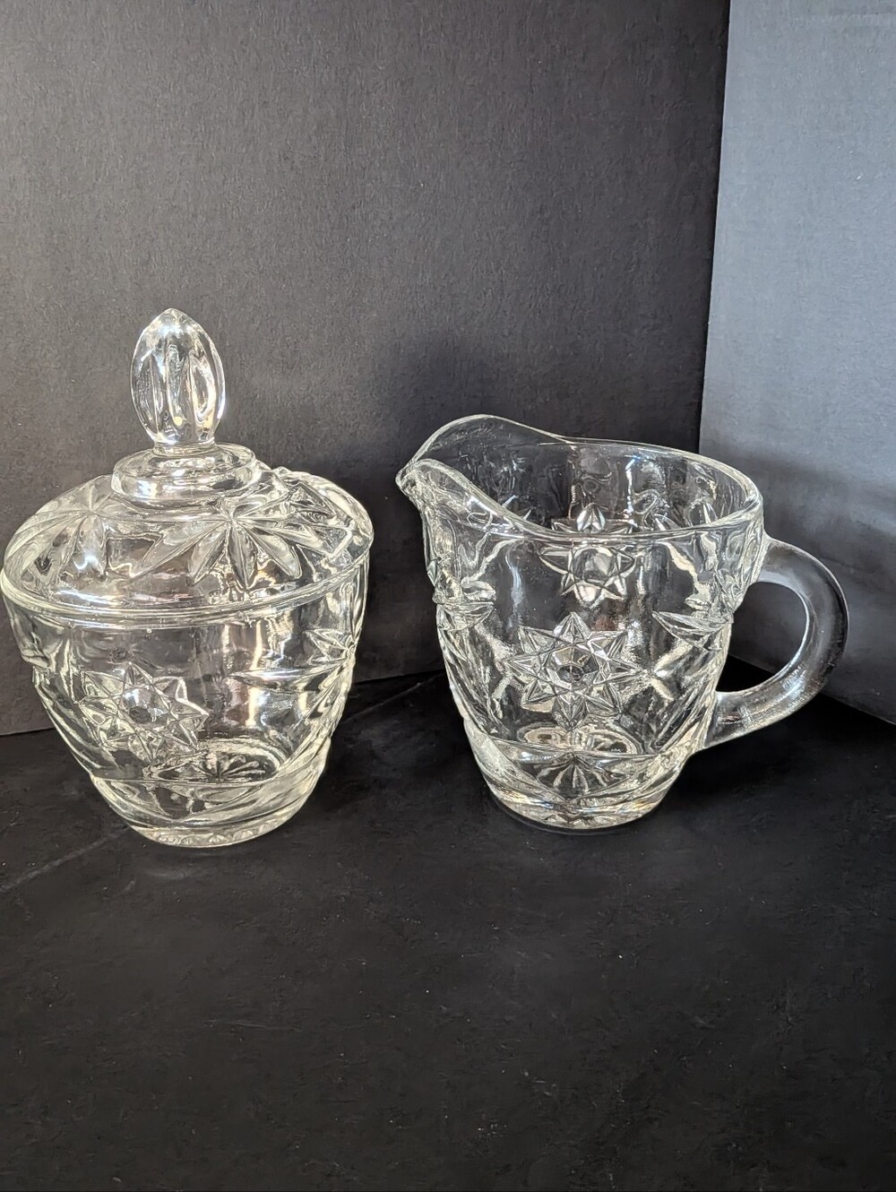VTG MCM Anchor Hocking Cream And Sugar Pressed Glass Set Prescut Star Of David